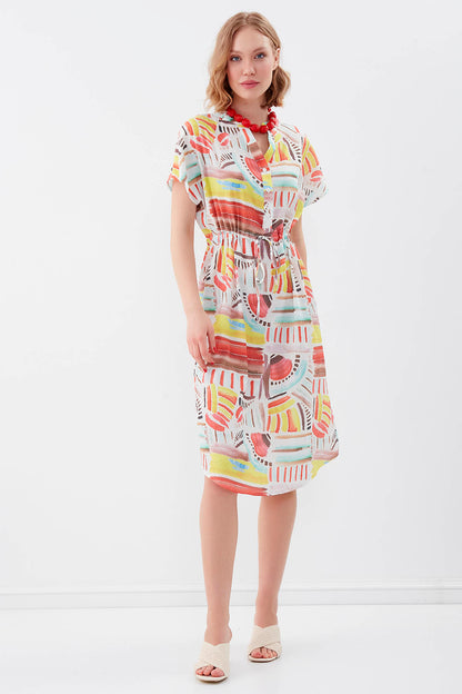 SHORT SLEEVE DRESS WITH WAIST-BENT FRONT BUTTON