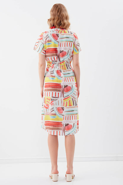 SHORT SLEEVE DRESS WITH WAIST-BENT FRONT BUTTON