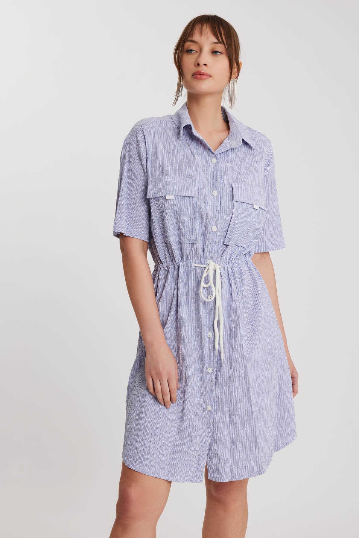 WAIST DRAWSTRING DRESS WITH SHORT SLEEVE
