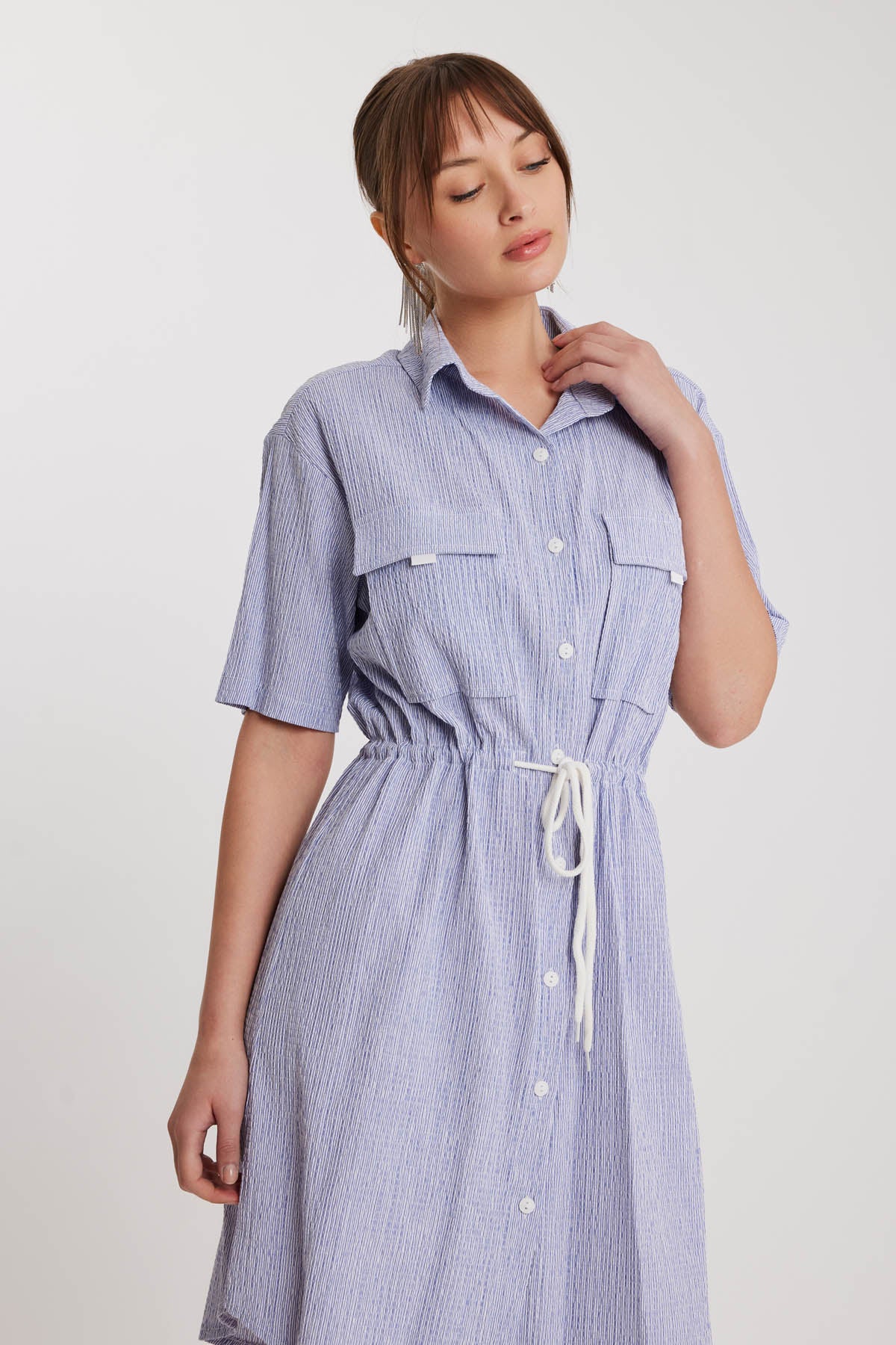 WAIST DRAWSTRING DRESS WITH SHORT SLEEVE