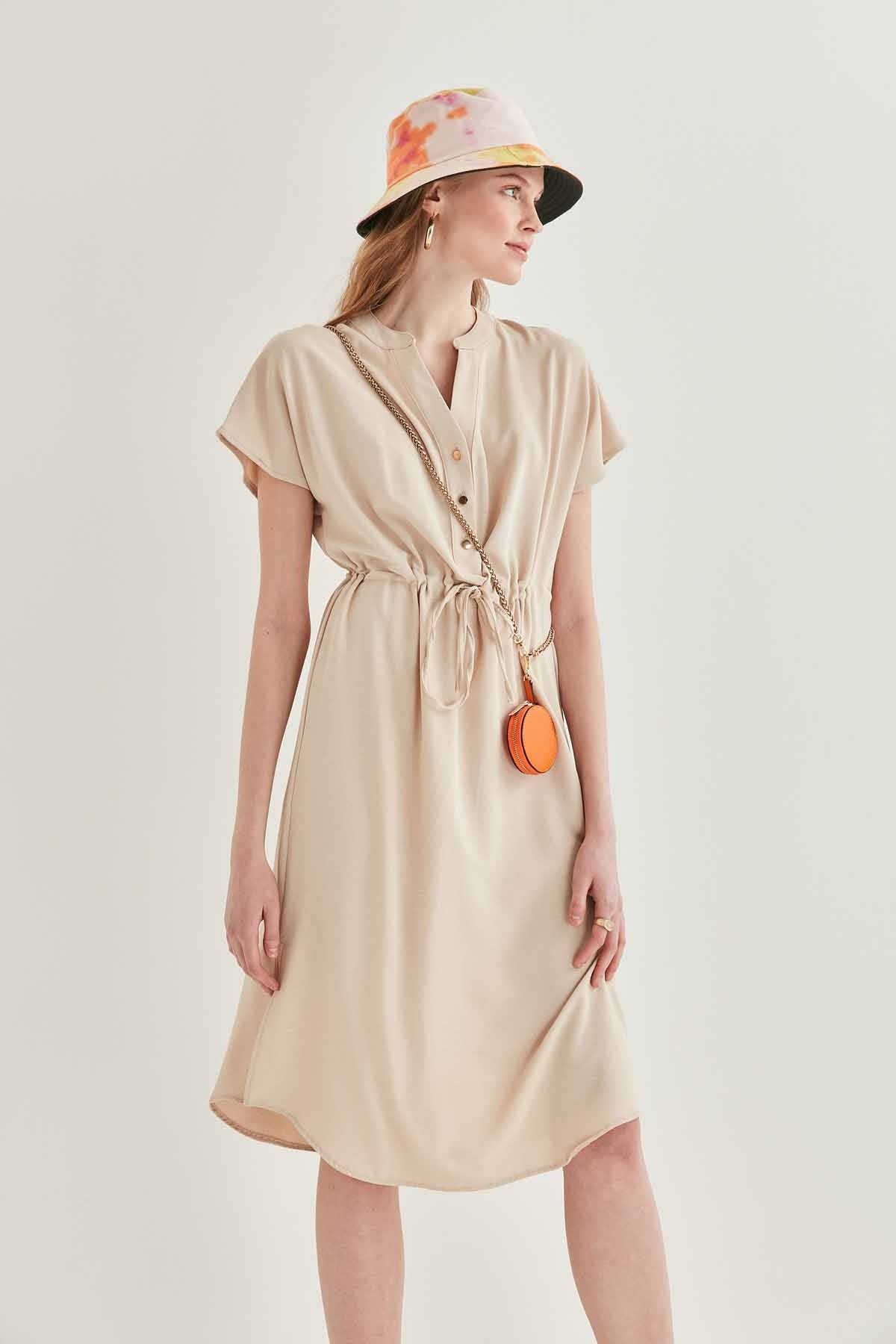WAIST DRAWSTRING SHORT SLEEVE COMFORTABLE DRESS