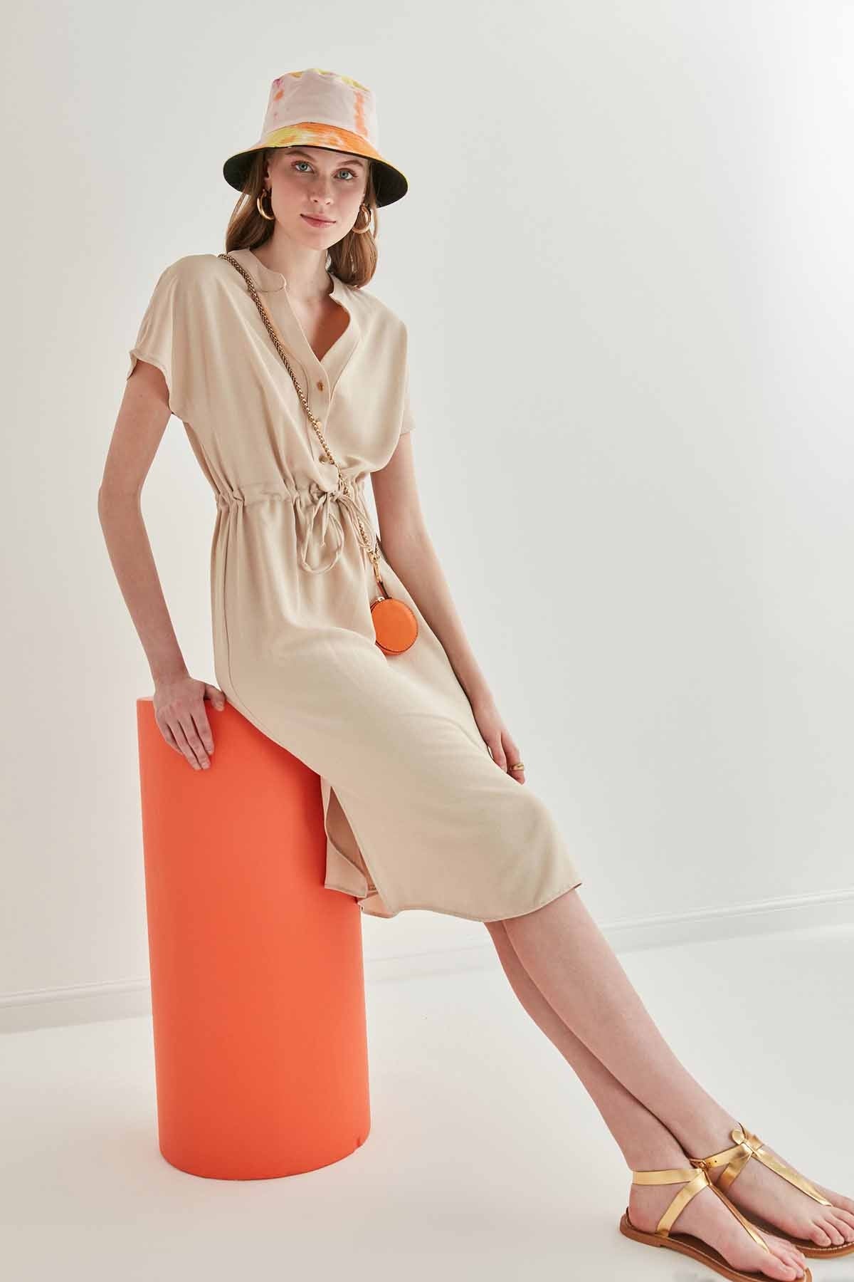 WAIST DRAWSTRING SHORT SLEEVE COMFORTABLE DRESS