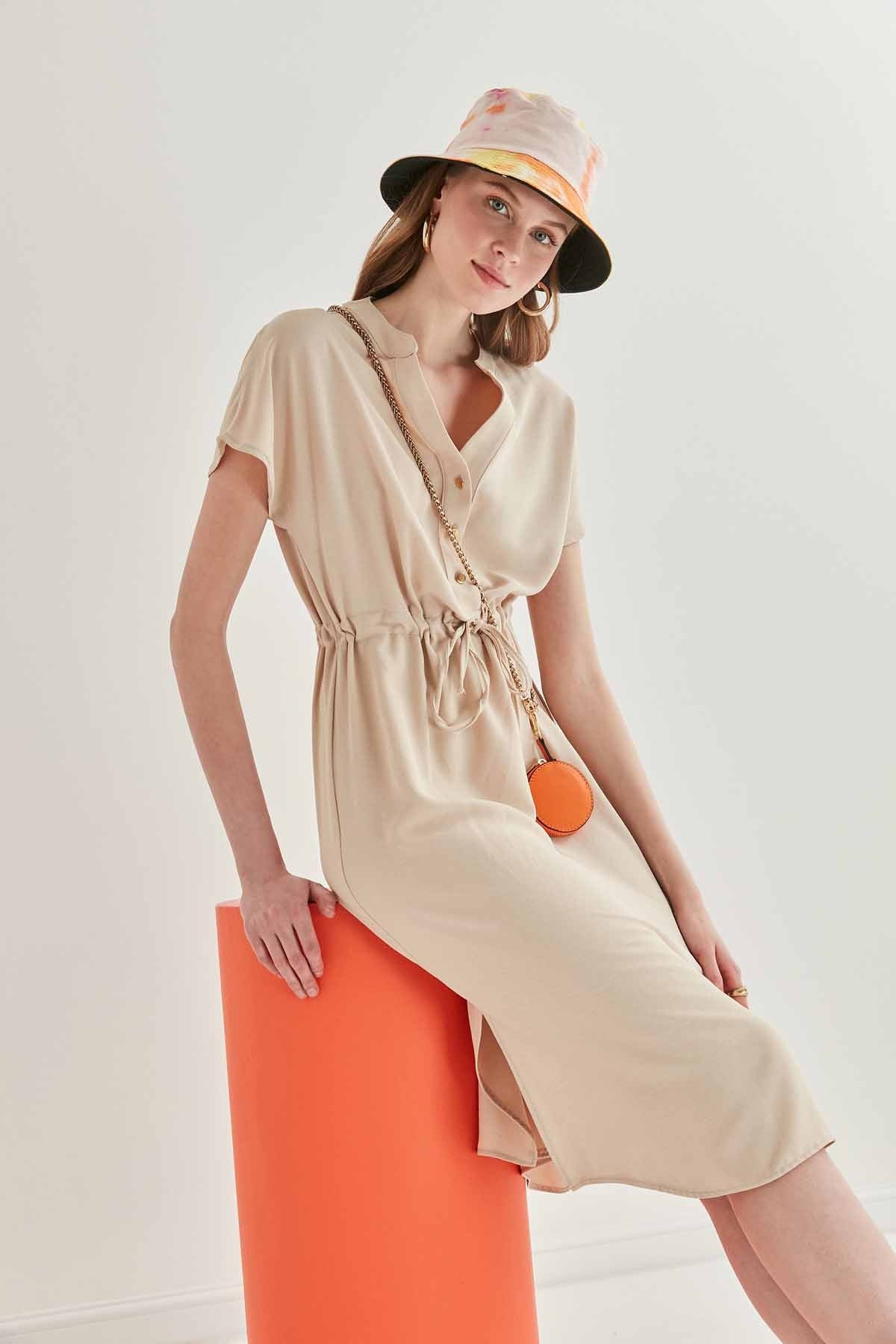 WAIST DRAWSTRING SHORT SLEEVE COMFORTABLE DRESS