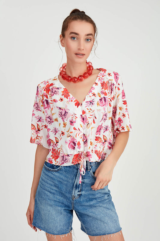 SALSA BLOUSE WITH FLOWER CLAD WITH WAIST BINDING