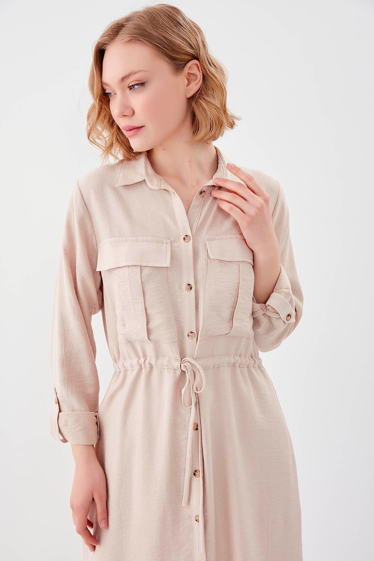 DUAL POCKET SHIRT DRESS WITH TIE-UP