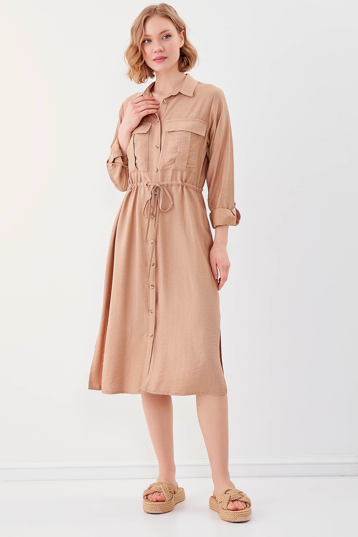DUAL POCKET SHIRT DRESS WITH TIE-UP