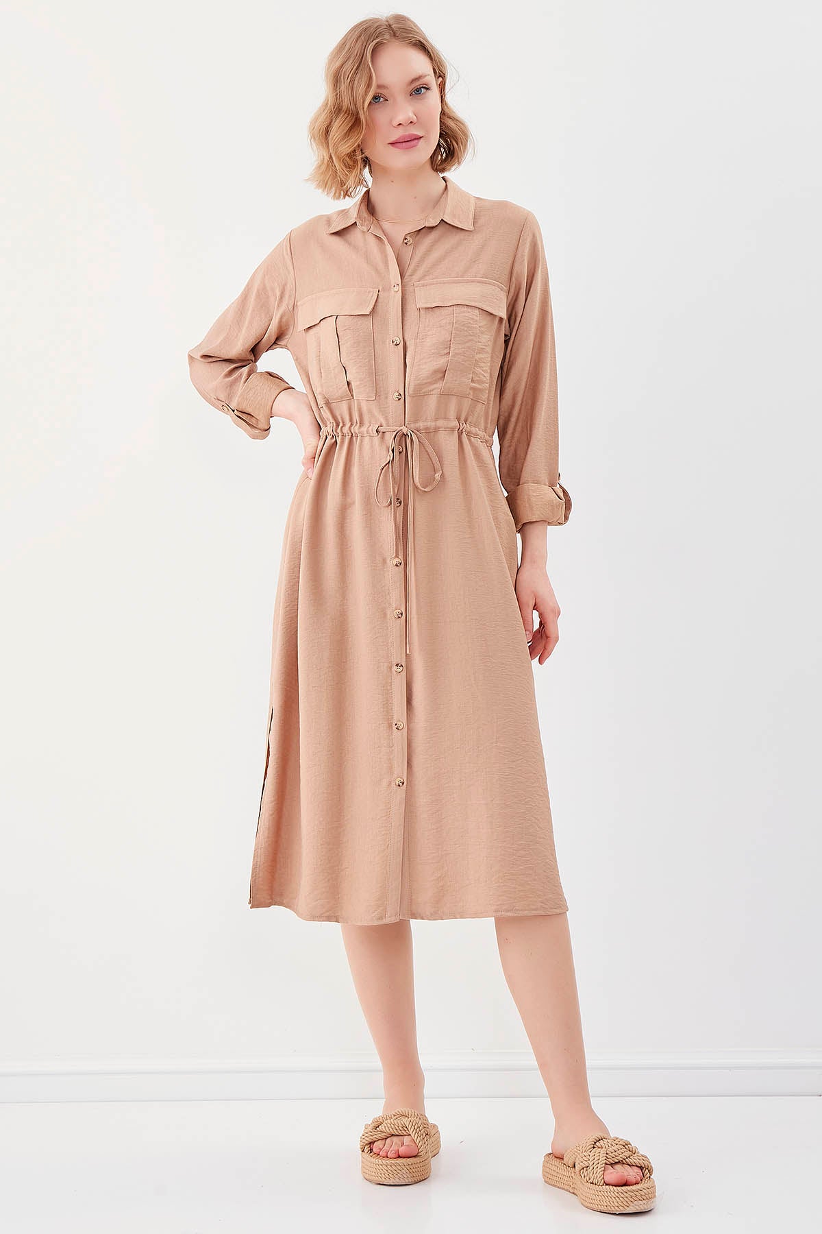 DUAL POCKET SHIRT DRESS WITH TIE-UP