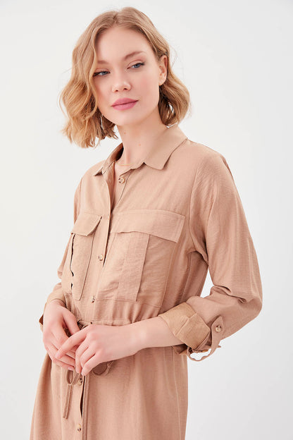 DUAL POCKET SHIRT DRESS WITH TIE-UP