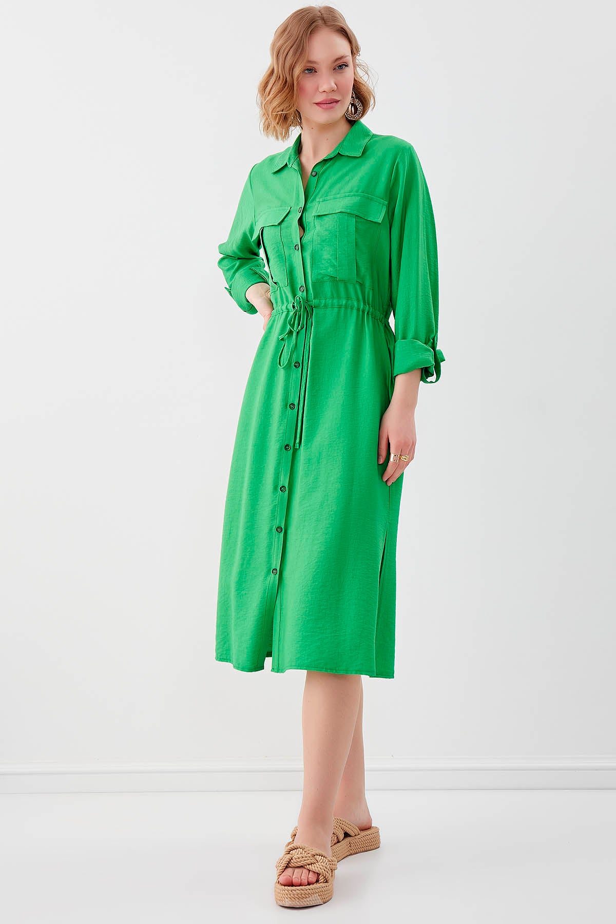 DUAL POCKET SHIRT DRESS WITH TIE-UP