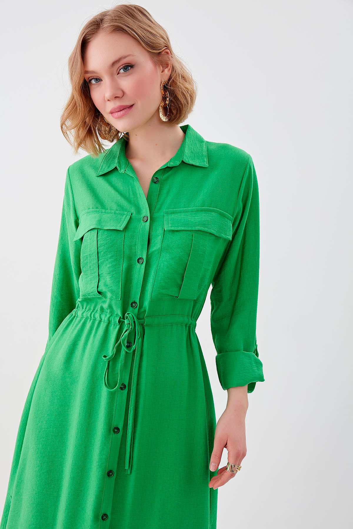 DUAL POCKET SHIRT DRESS WITH TIE-UP
