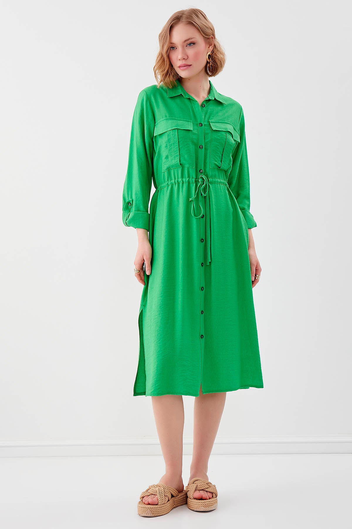 DUAL POCKET SHIRT DRESS WITH TIE-UP