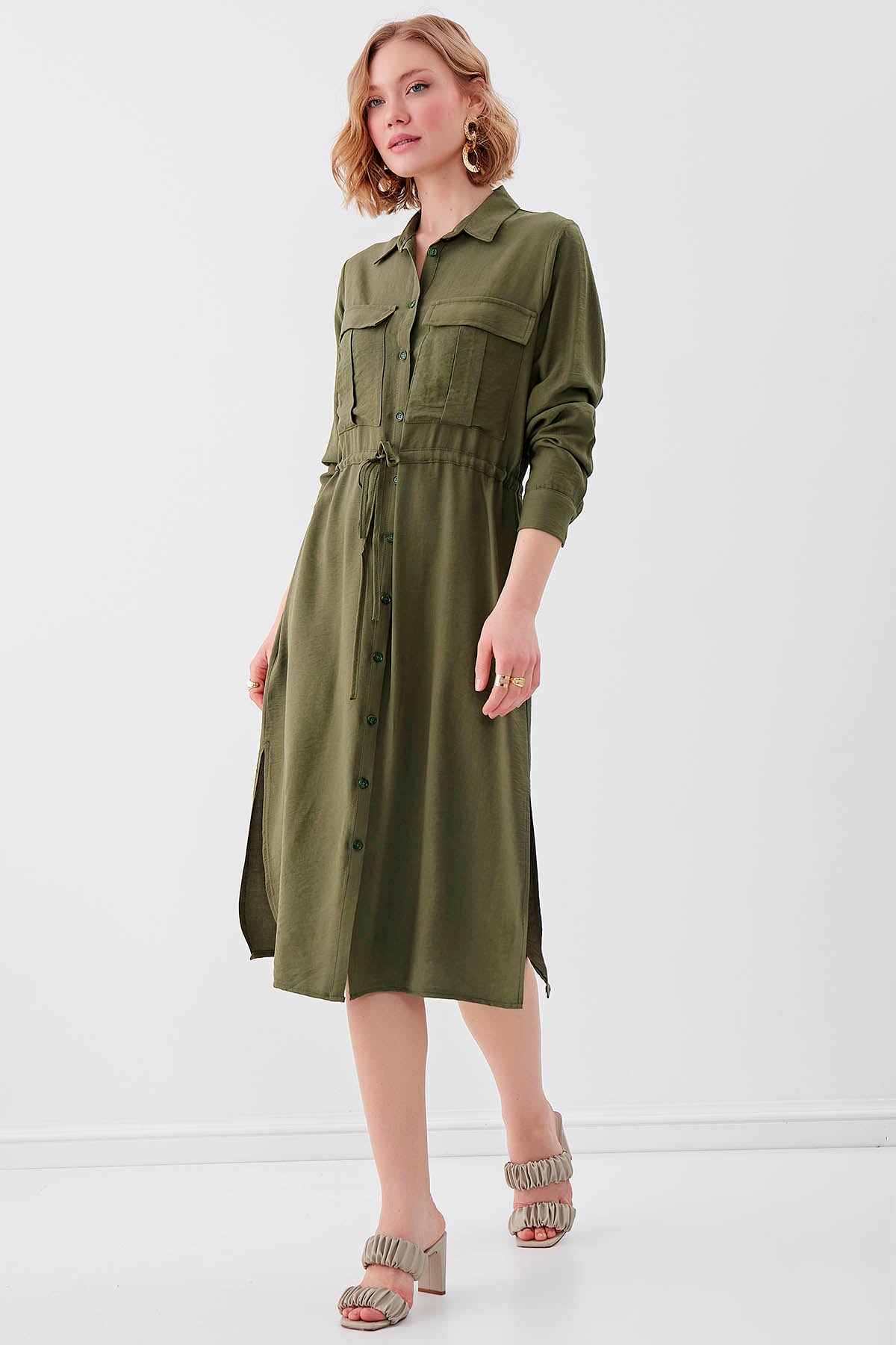 DUAL POCKET SHIRT DRESS WITH TIE-UP
