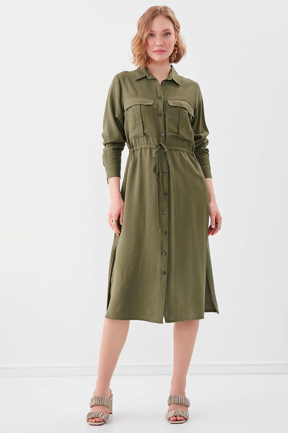 DUAL POCKET SHIRT DRESS WITH TIE-UP