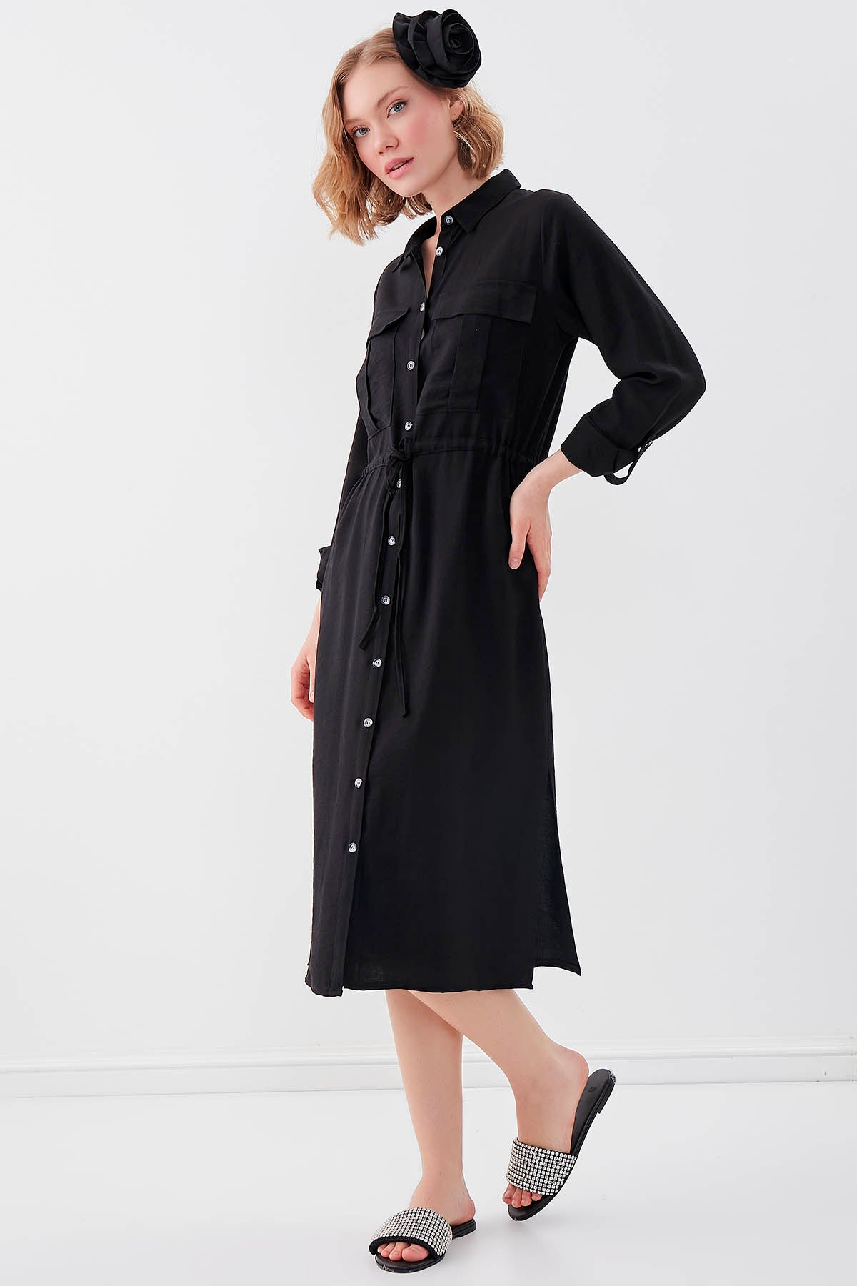 DUAL POCKET SHIRT DRESS WITH TIE-UP