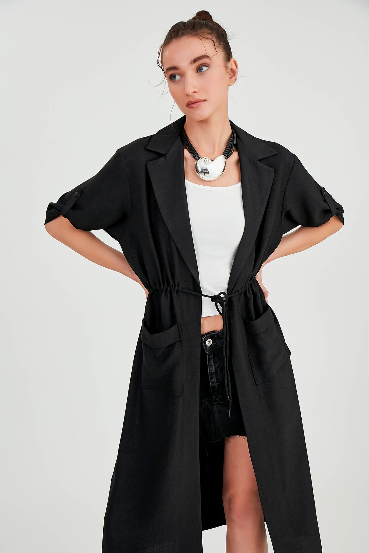DOUBLE POCKET LOOSE CARDIGAN WITH WAIST TIE