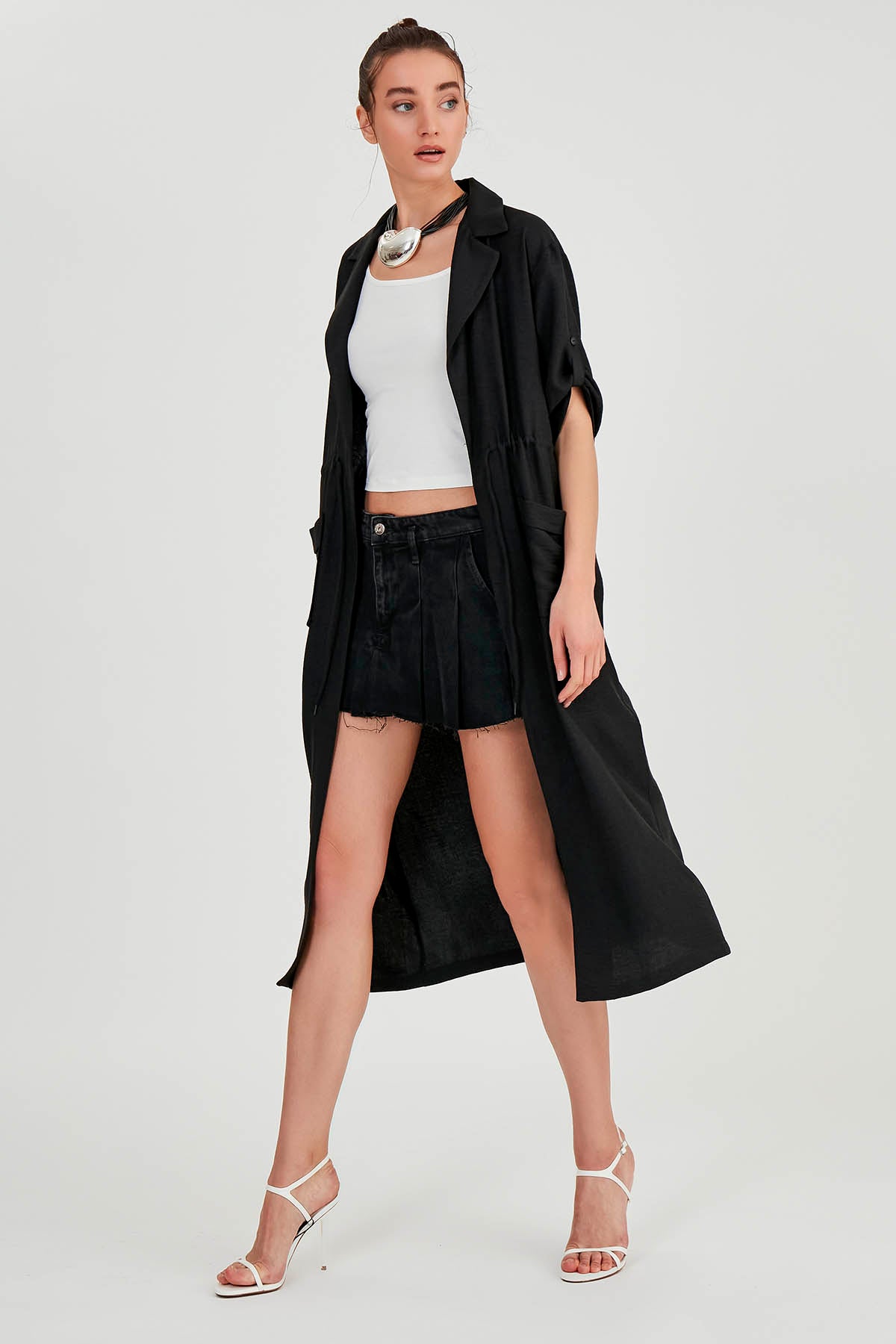 DOUBLE POCKET LOOSE CARDIGAN WITH WAIST TIE