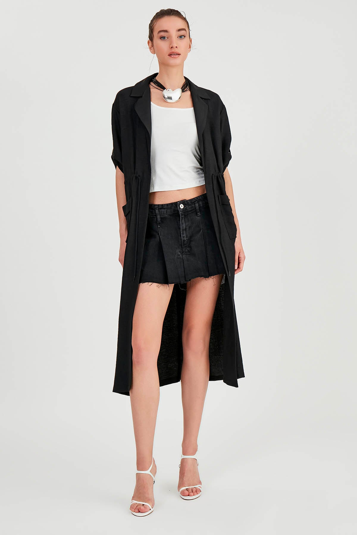 DOUBLE POCKET LOOSE CARDIGAN WITH WAIST TIE