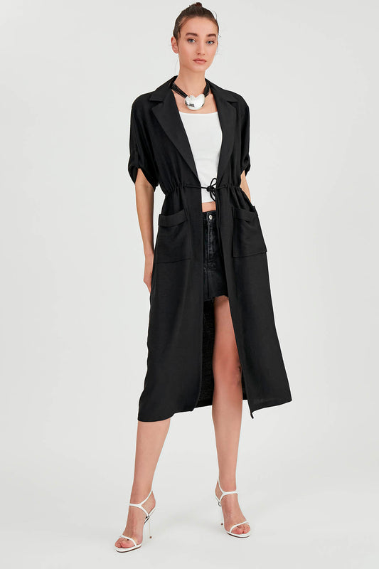 DOUBLE POCKET LOOSE CARDIGAN WITH WAIST TIE