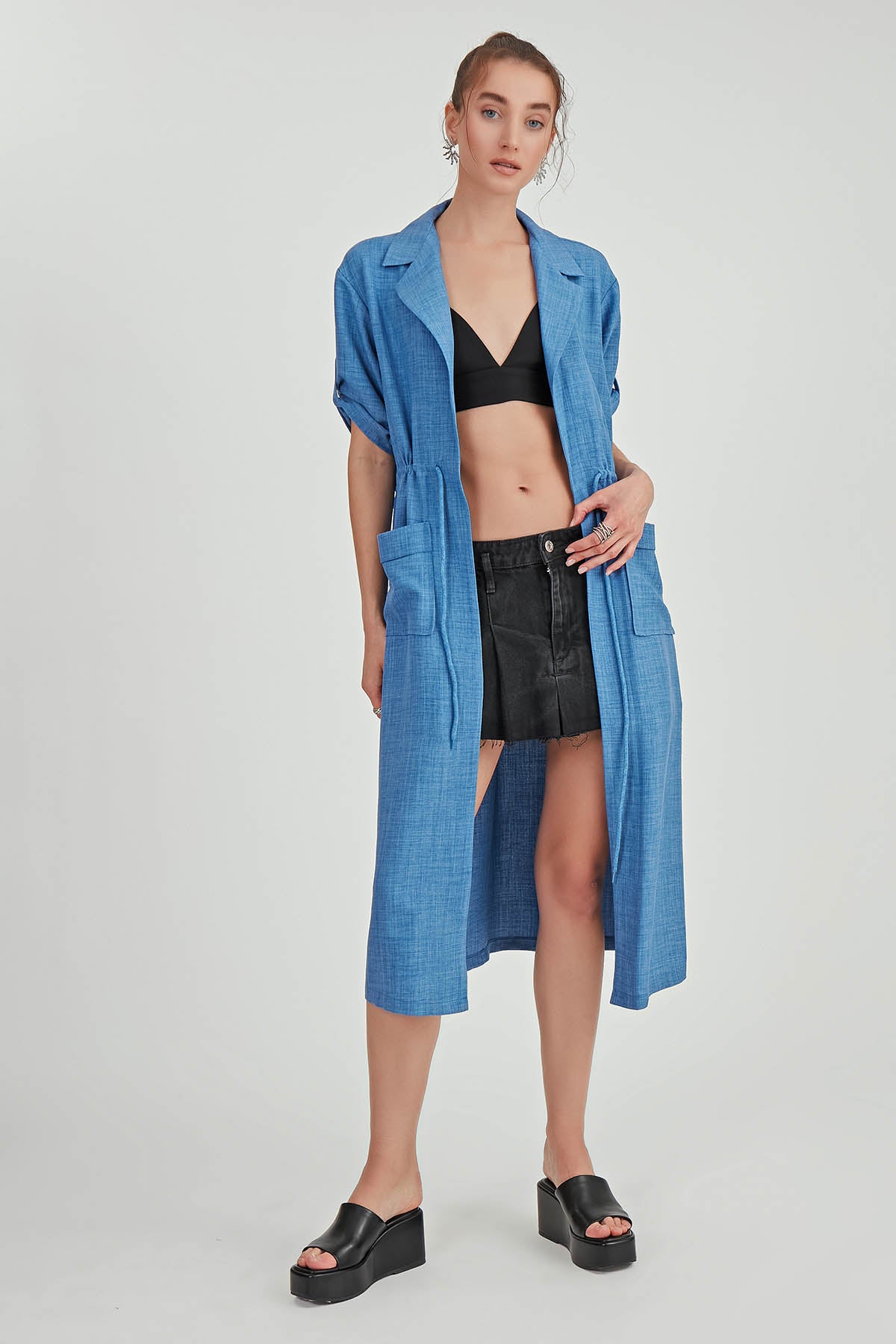 DOUBLE POCKET LOOSE CARDIGAN WITH WAIST TIE