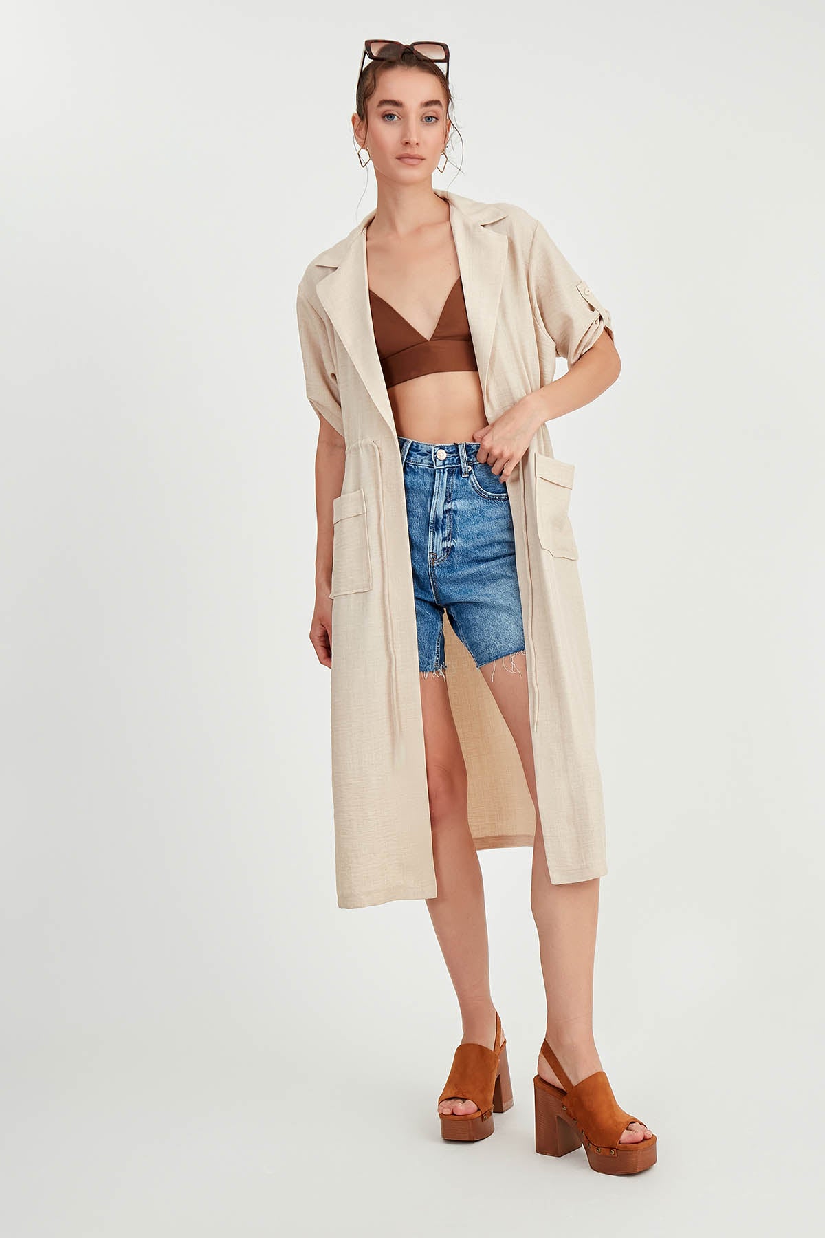DOUBLE POCKET LOOSE CARDIGAN WITH WAIST TIE