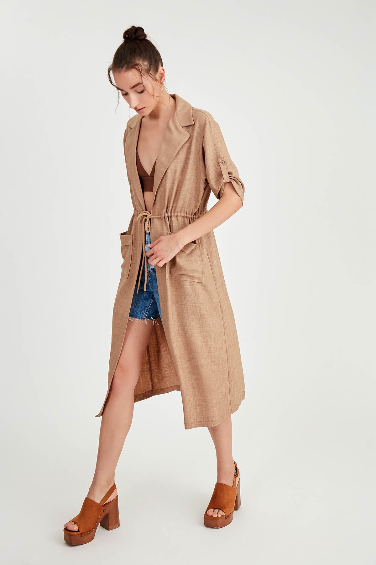 DOUBLE POCKET LOOSE CARDIGAN WITH WAIST TIE