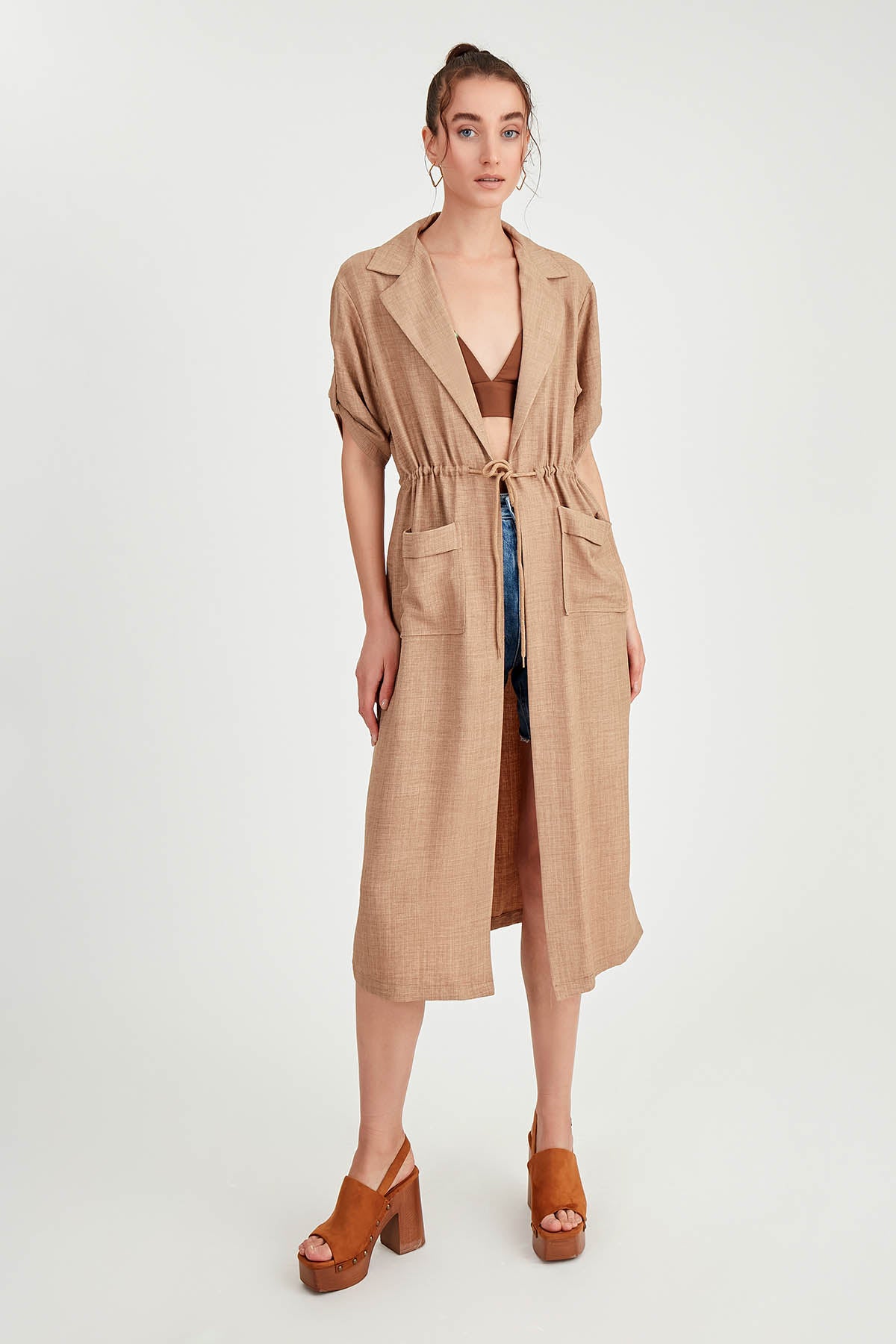 DOUBLE POCKET LOOSE CARDIGAN WITH WAIST TIE