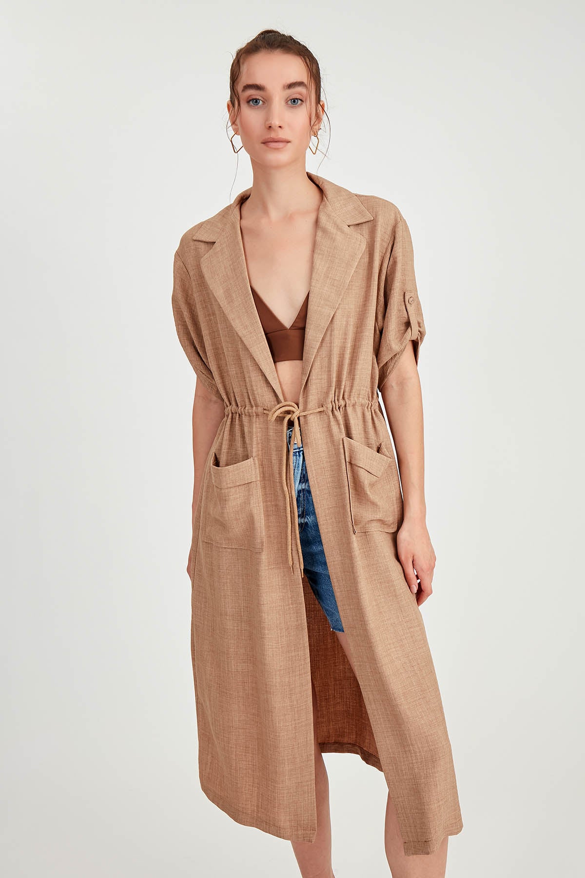 DOUBLE POCKET LOOSE CARDIGAN WITH WAIST TIE