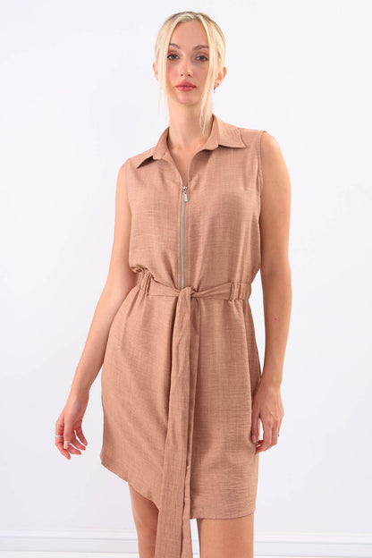 SLEEVELESS DRESS WITH WAIST-STRAPPED FRONT
