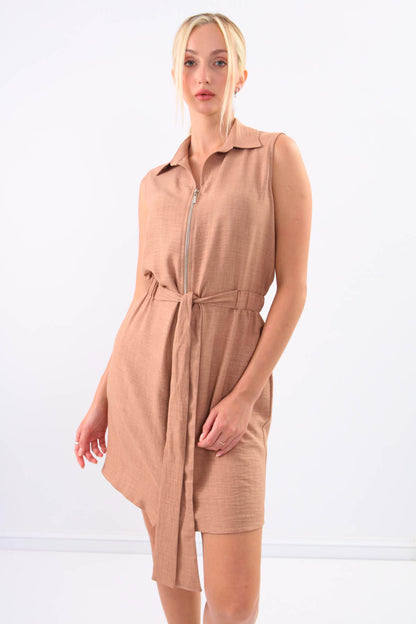 SLEEVELESS DRESS WITH WAIST-STRAPPED FRONT