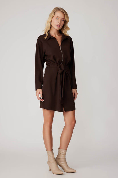LONG SLEEVE DRESS WITH WAIST-TIED FRONT ZIPPER