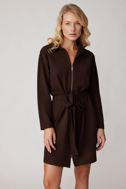 LONG SLEEVE DRESS WITH WAIST-TIED FRONT ZIPPER