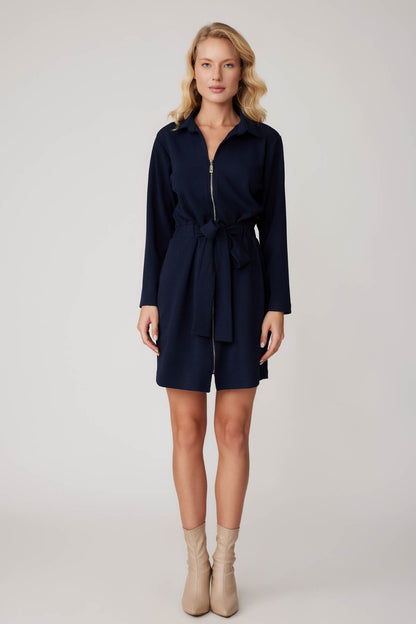 LONG SLEEVE DRESS WITH WAIST-TIED FRONT ZIPPER