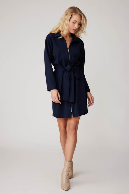 LONG SLEEVE DRESS WITH WAIST-TIED FRONT ZIPPER
