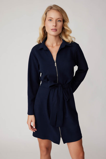 LONG SLEEVE DRESS WITH WAIST-TIED FRONT ZIPPER