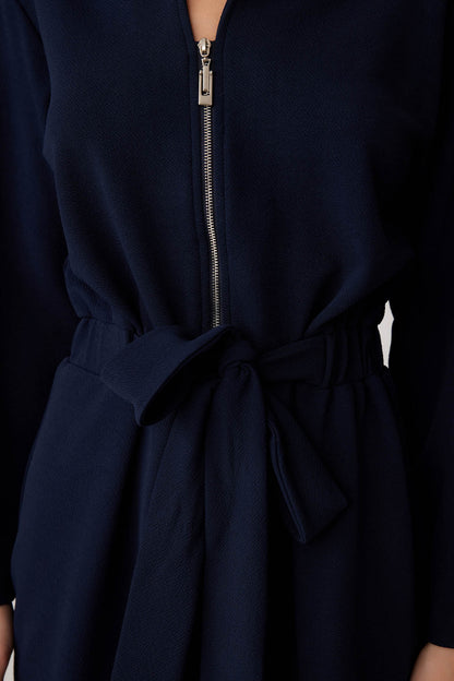 LONG SLEEVE DRESS WITH WAIST-TIED FRONT ZIPPER