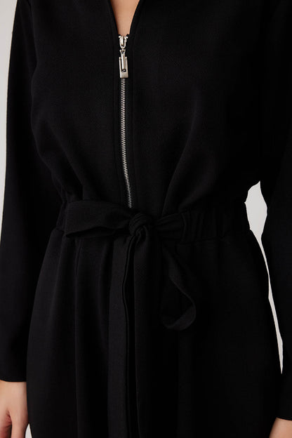 LONG SLEEVE DRESS WITH WAIST-TIED FRONT ZIPPER