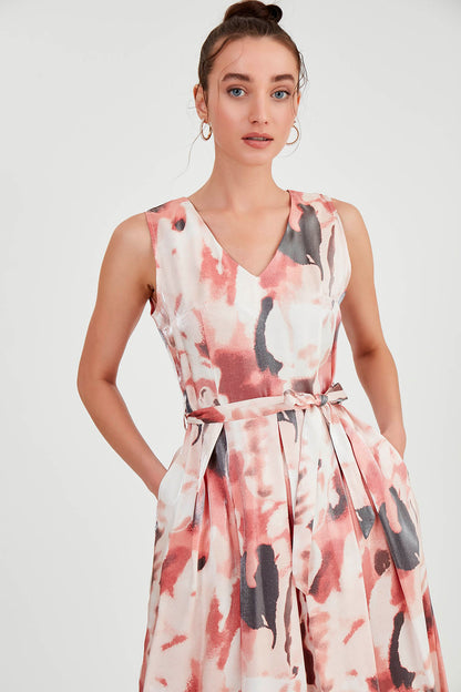 GLOSSY SATIN PATTERNED DRESS WITH ELASTANE WAIST