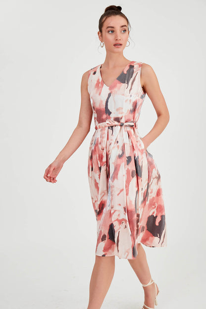GLOSSY SATIN PATTERNED DRESS WITH ELASTANE WAIST