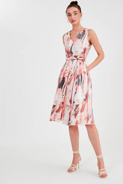 GLOSSY SATIN PATTERNED DRESS WITH ELASTANE WAIST