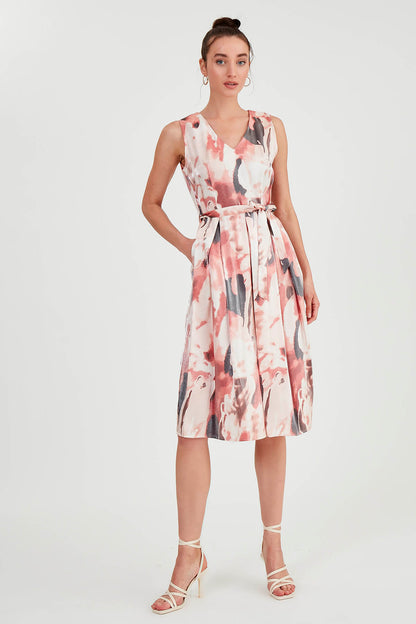 GLOSSY SATIN PATTERNED DRESS WITH ELASTANE WAIST