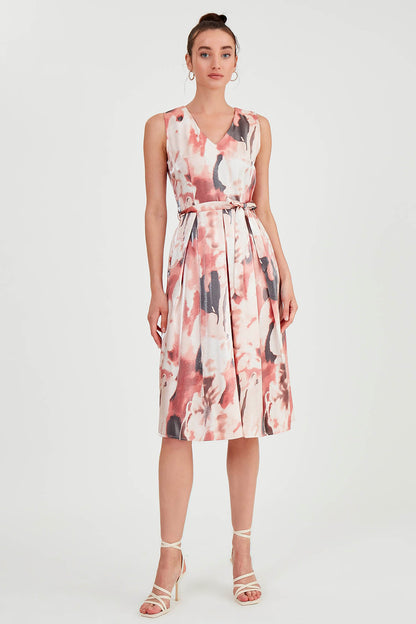 GLOSSY SATIN PATTERNED DRESS WITH ELASTANE WAIST