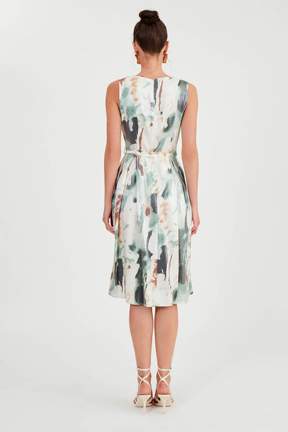 GLOSSY SATIN PATTERNED DRESS WITH ELASTANE WAIST