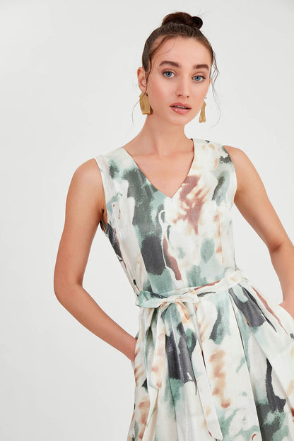 GLOSSY SATIN PATTERNED DRESS WITH ELASTANE WAIST