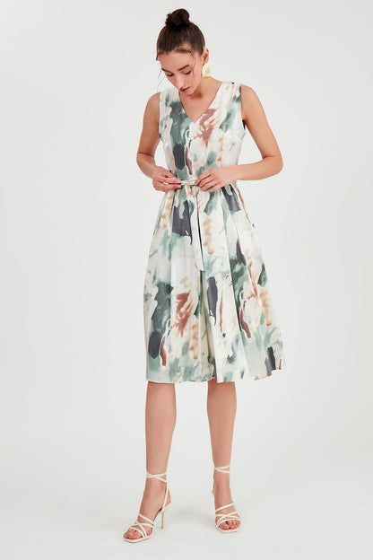 GLOSSY SATIN PATTERNED DRESS WITH ELASTANE WAIST
