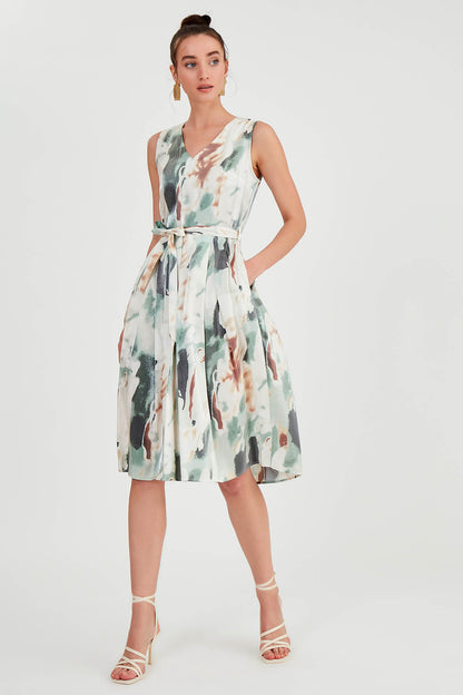 GLOSSY SATIN PATTERNED DRESS WITH ELASTANE WAIST