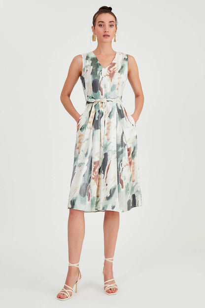 GLOSSY SATIN PATTERNED DRESS WITH ELASTANE WAIST