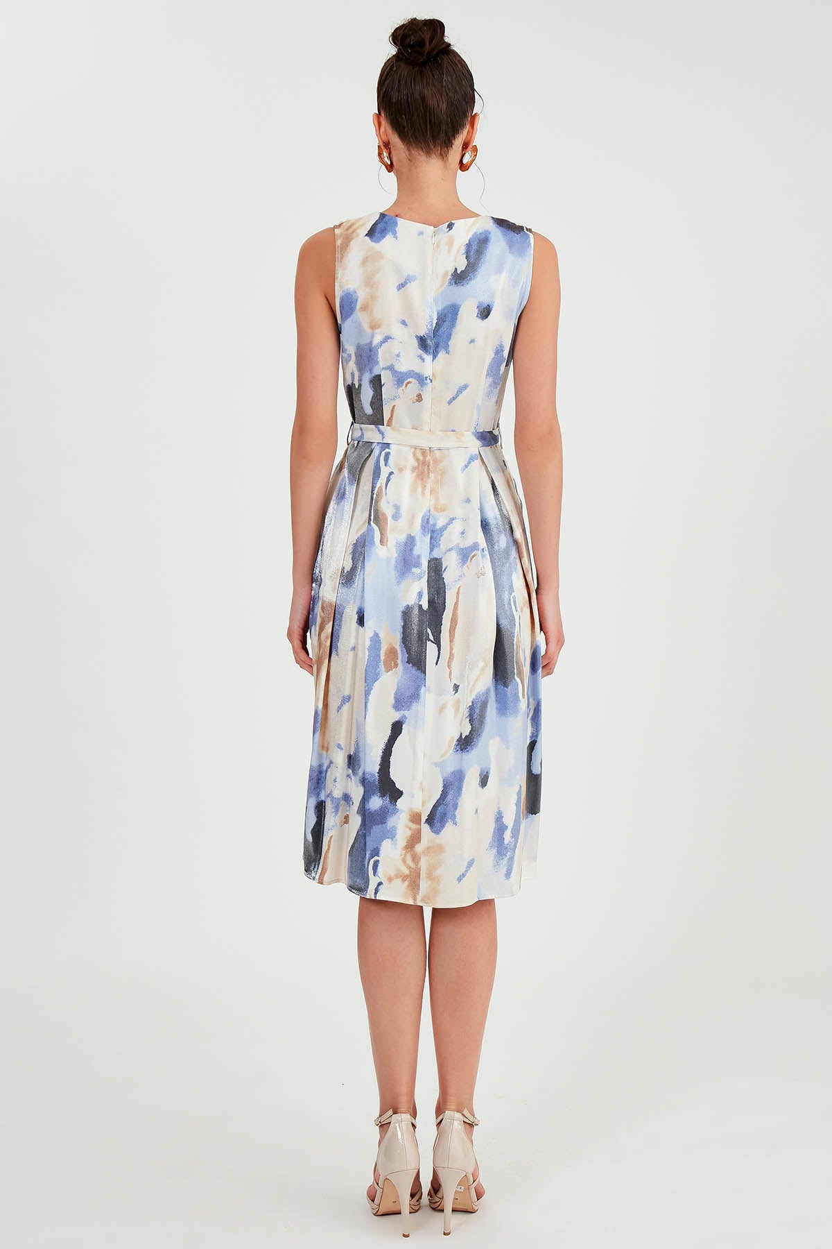GLOSSY SATIN PATTERNED DRESS WITH ELASTANE WAIST
