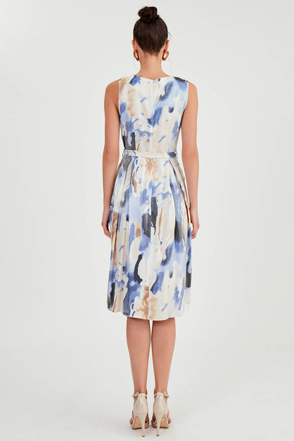 GLOSSY SATIN PATTERNED DRESS WITH ELASTANE WAIST