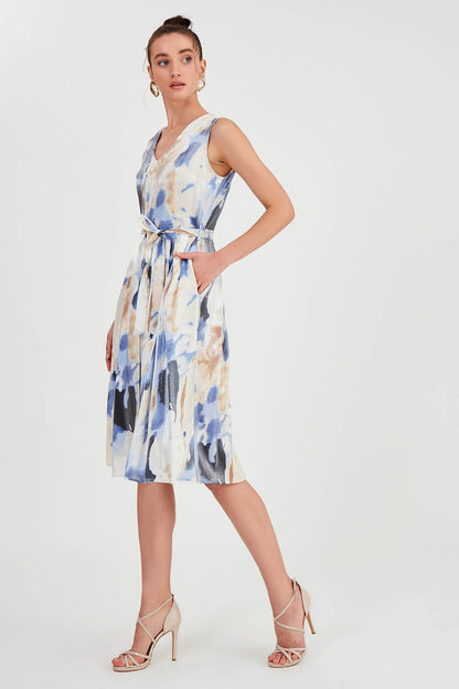 GLOSSY SATIN PATTERNED DRESS WITH ELASTANE WAIST