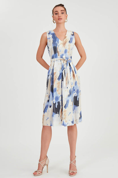 GLOSSY SATIN PATTERNED DRESS WITH ELASTANE WAIST